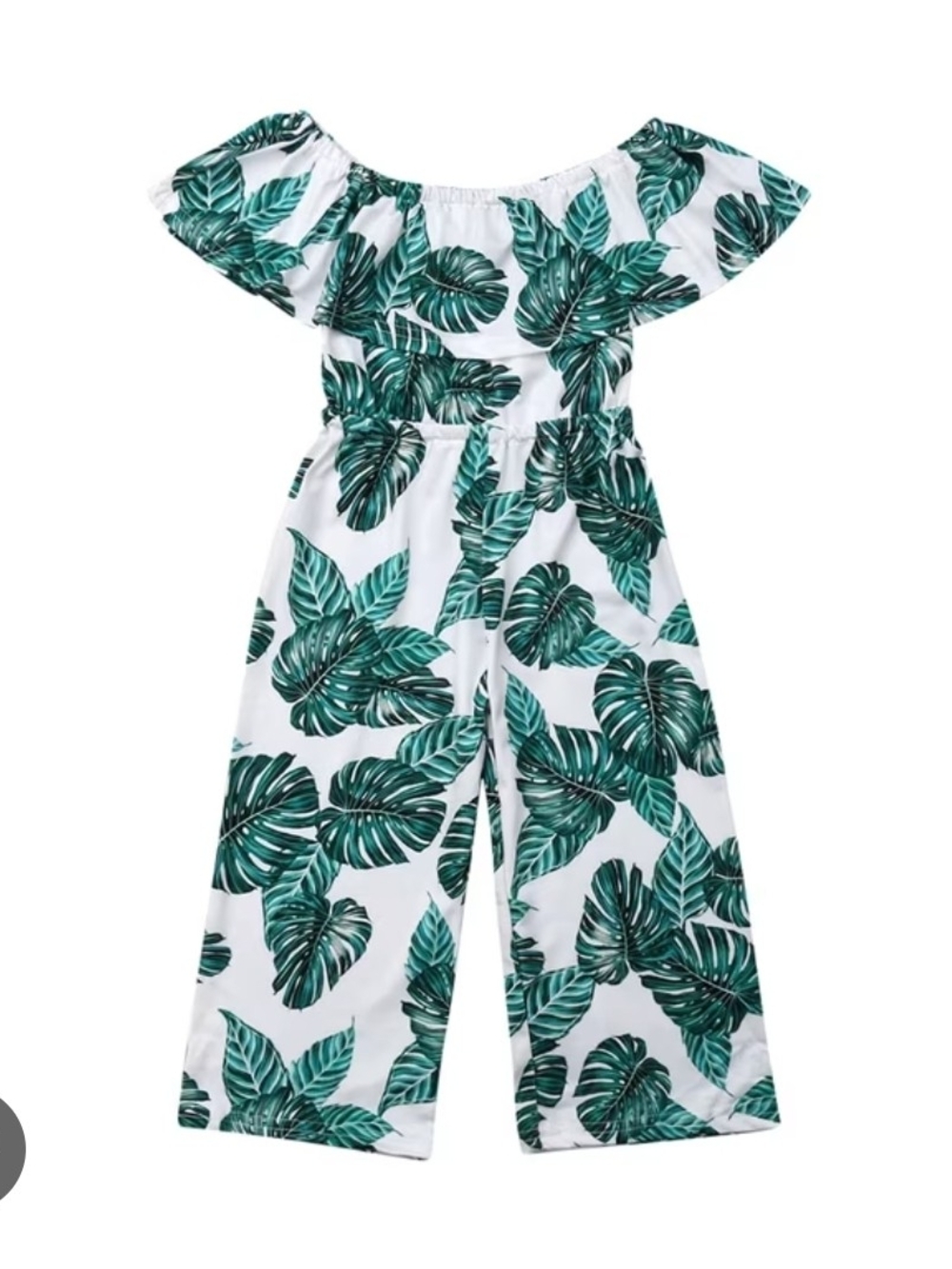 Girls Off-Shoulder Wide-Leg Jumpsuit in Green Leaf Print
